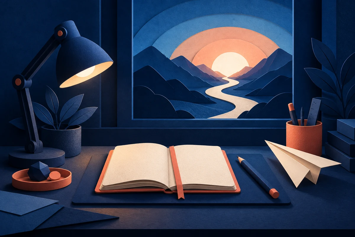 Paper-cut creative workspace with a notebook and paper airplane